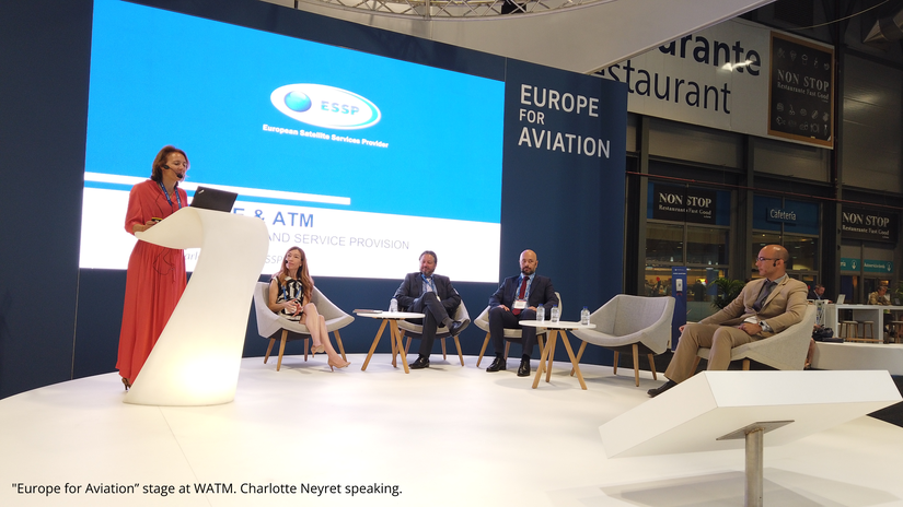Image: “Europe for Aviation” stage at WATM.  Charlotte Neyret speaking.